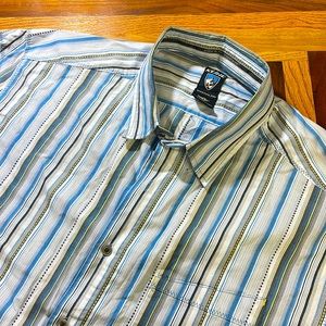 Kuhl mens XL white blue stripe short sleeve suncel button up outdoor shirt EUC